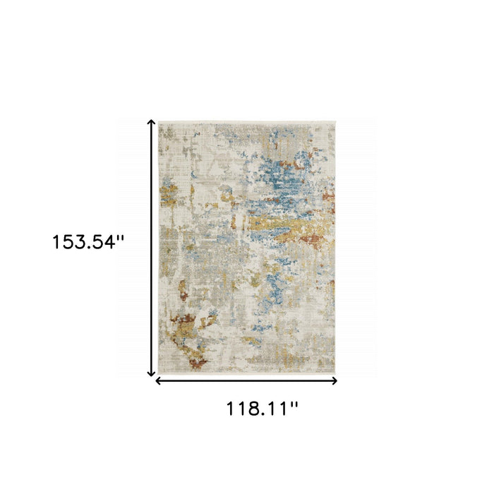 10' x 13' Abstract Power Loom Stain Resistant Area Rug With Fringe - Beige Gray Gold Blue Rust And Teal