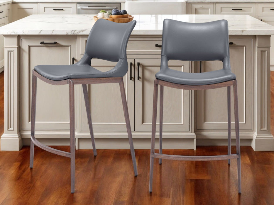 25" Faux Leather And Steel Low Back Counter Height Bar Chairs (Set of 2) - Dark Gray / Brown