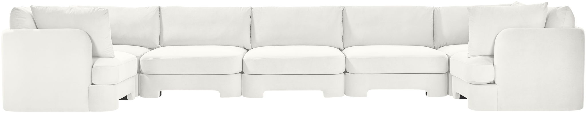 Meridian Furniture velvet performance fabric U-shaped sectional sofa with seven pieces, plush upholstery, and modern design.