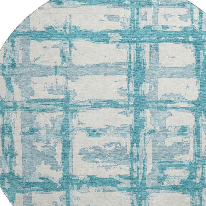 8' Striped Washable Round Rug Polyester With UV Protection - Teal And Ivory