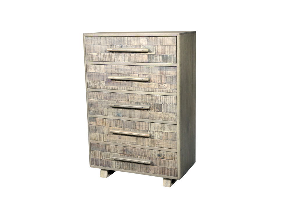 35" Carved Geometric Solid Wood Five Drawer Dresser - White