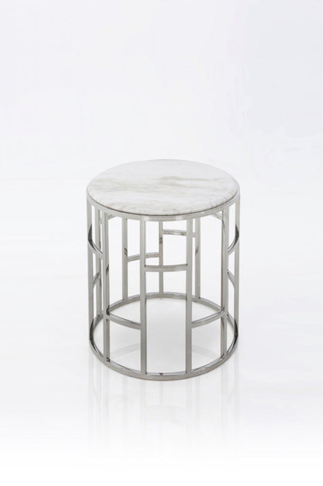 Stylish Marble Round Geometric End Or Side Table - Silver And White