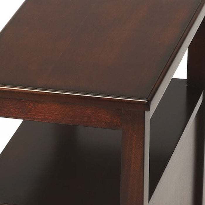 Dark brown manufactured wood end table with two drawers and a shelf, ideal for living room or bedroom decor.