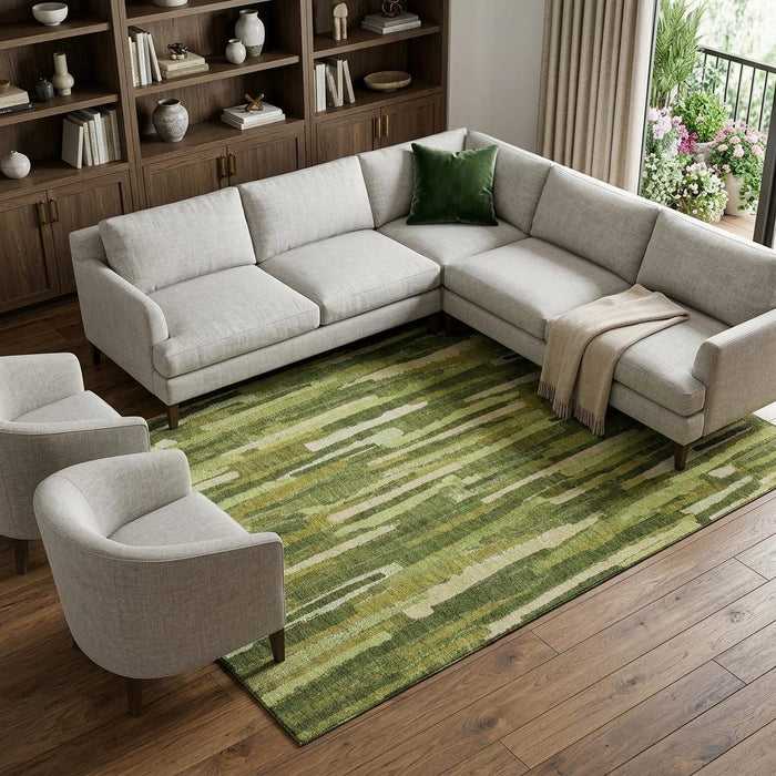 10' X 14' Striped Washable Area Rug With UV Protection (692934) - Green / Ivory