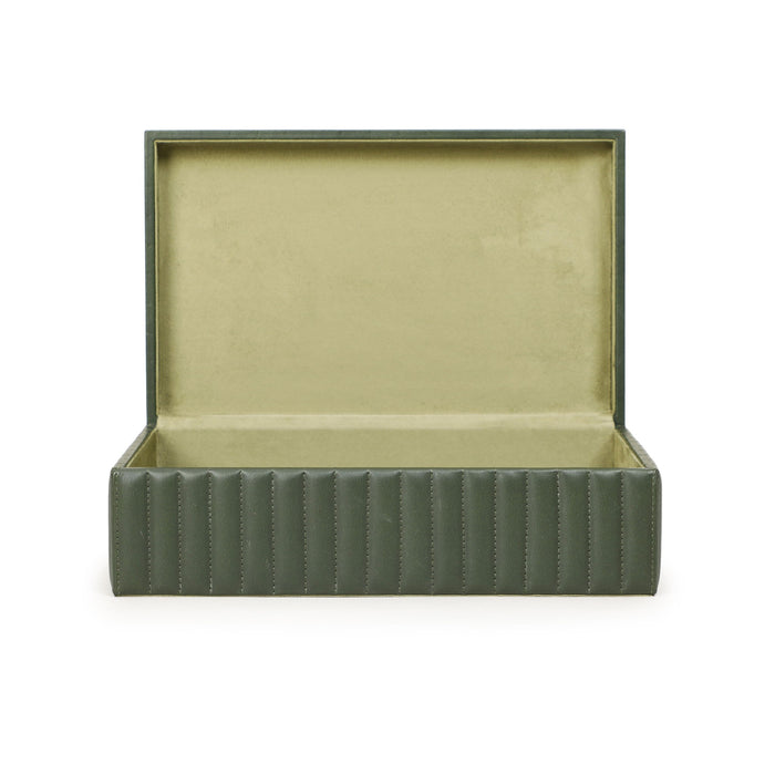 Green ribbed vegan leather storage box by TOV Furniture, designed for hospitality grade organization and stylish basket storage.