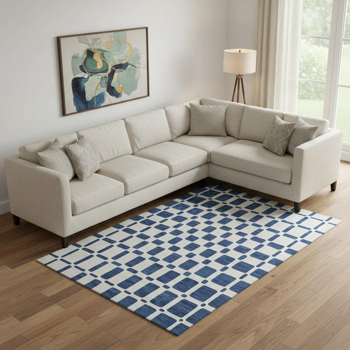 10' X 14' Geometric Washable Area Rug With UV Protection (669294) - Navy Blue / Ivory