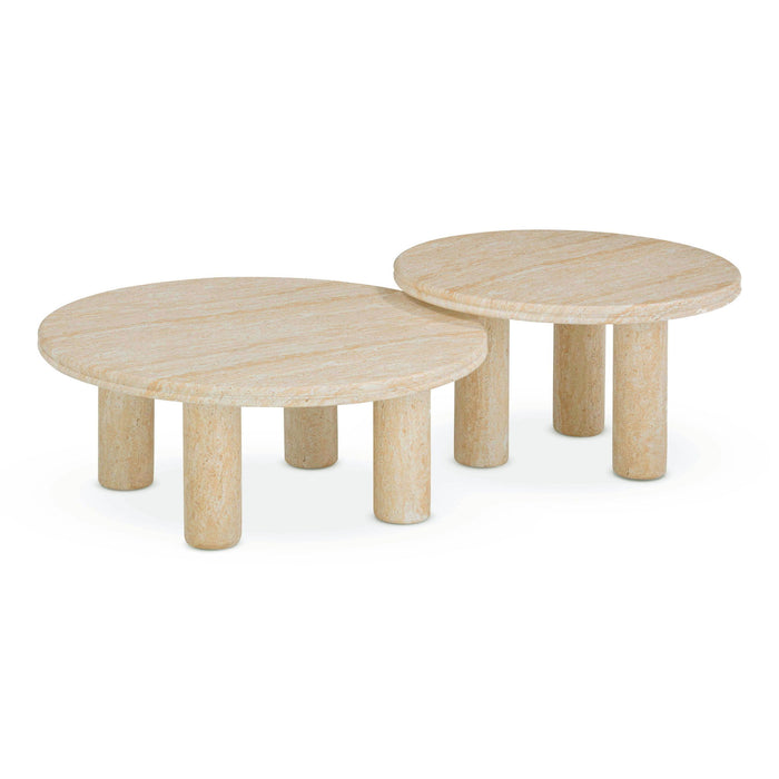 Set of two TOV Furniture Amora indoor and outdoor nesting accent tables with travertine tops and sleek metal legs.