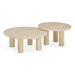 Set of two TOV Furniture Amora indoor and outdoor nesting accent tables with travertine tops and sleek metal legs.