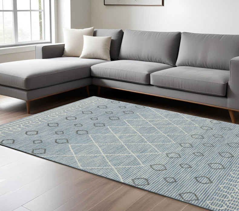 9' X 13' Wool Geometric Hand Hooked Area Rug - Blue