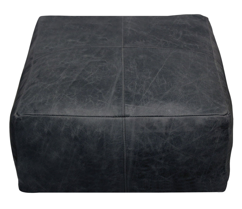 Distressed Leather Pouf Ottoman - Black