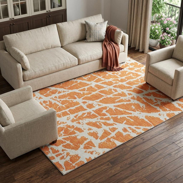 10' X 14' Abstract Washable Area Rug With UV Protection (646566) - Orange / Ivory