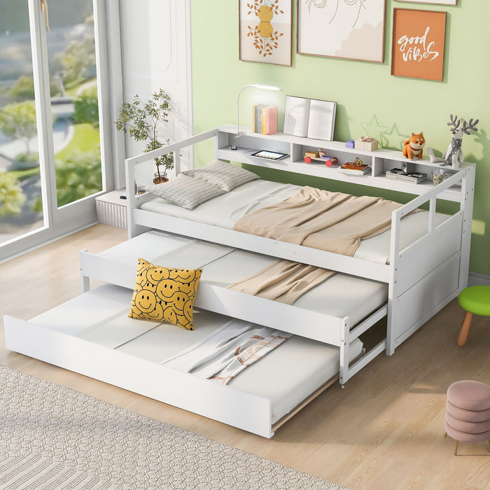 Daybed With 2 Trundles, 3 Storage Cubbies, Built In USB Charging Light