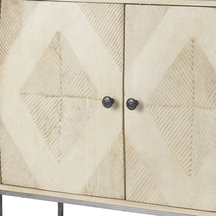 36" Solid Wood And Iron Carved Geometric Accent Cabinet With Two Doors - Brown