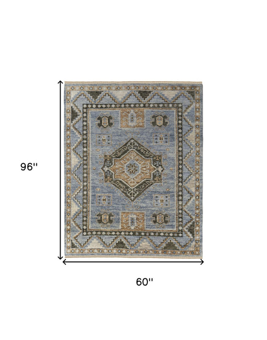 5' x 8' Wool Oriental Hand Knotted Area Rug With Fringe - Ivory Tan And Blue
