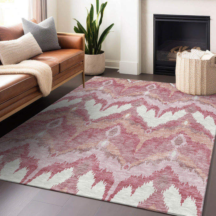 9' X 12' Ikat Washable Area Rug With UV Protection - Blush