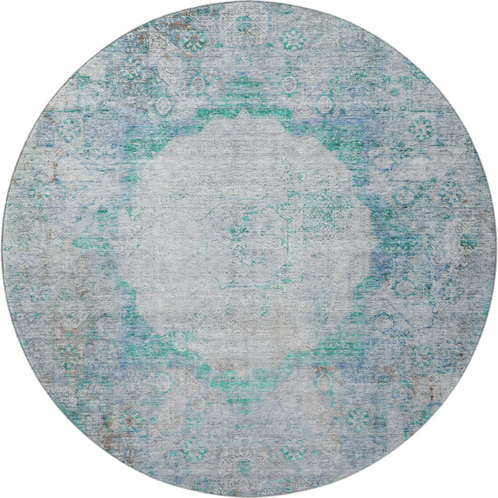 8' Oriental Washable Round Rug With UV Protection (655719) - Teal / Gray