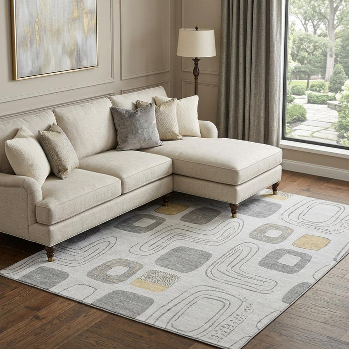 10' X 14' Geometric Washable Area Rug With UV Protection (696650) - Gray / Silver / Gold