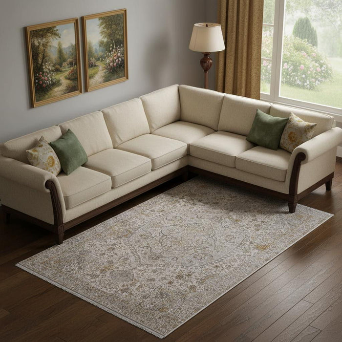 6' X 9' Oriental Area Rug With Fringe (722068) - Ivory / Gray / Gold
