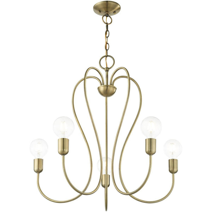 25" Five Light Dimmable Chandelier With Shades - Antiqued Brass