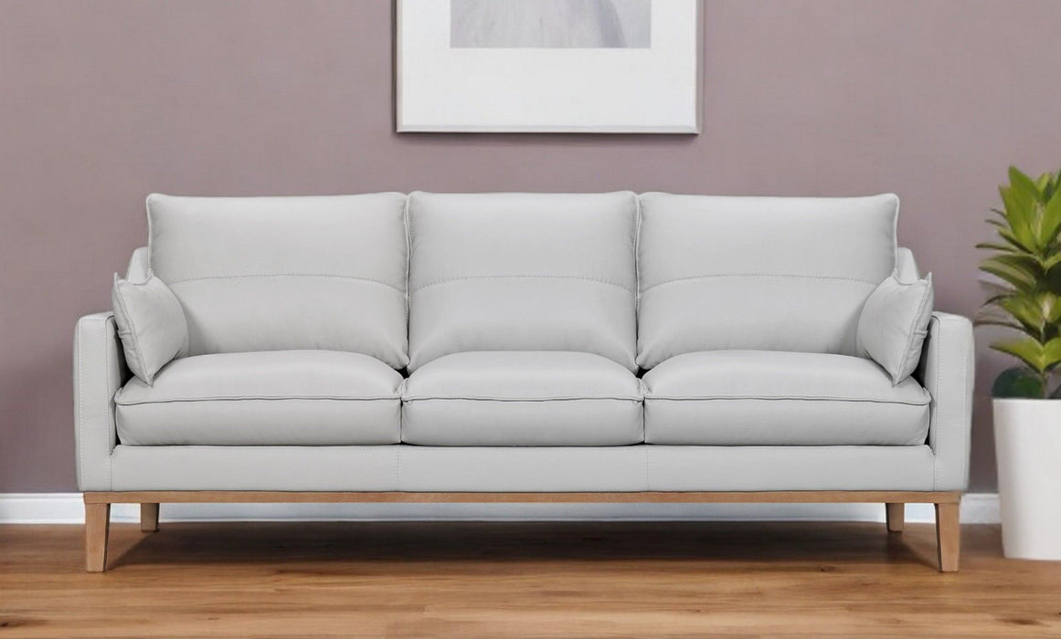 Leather Sofa And Toss Pillows With Brown Legs - Gray