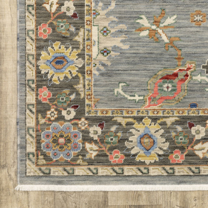 6' x 9' Oriental Power Loom Stain Resistant Area Rug With Fringe - Blue Gray Gold Green Pink Orange Ivory And Red