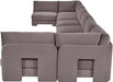 Beige Hammond velvet performance fabric U-shaped armless sectional sofa with eight pieces, by Meridian Furniture.