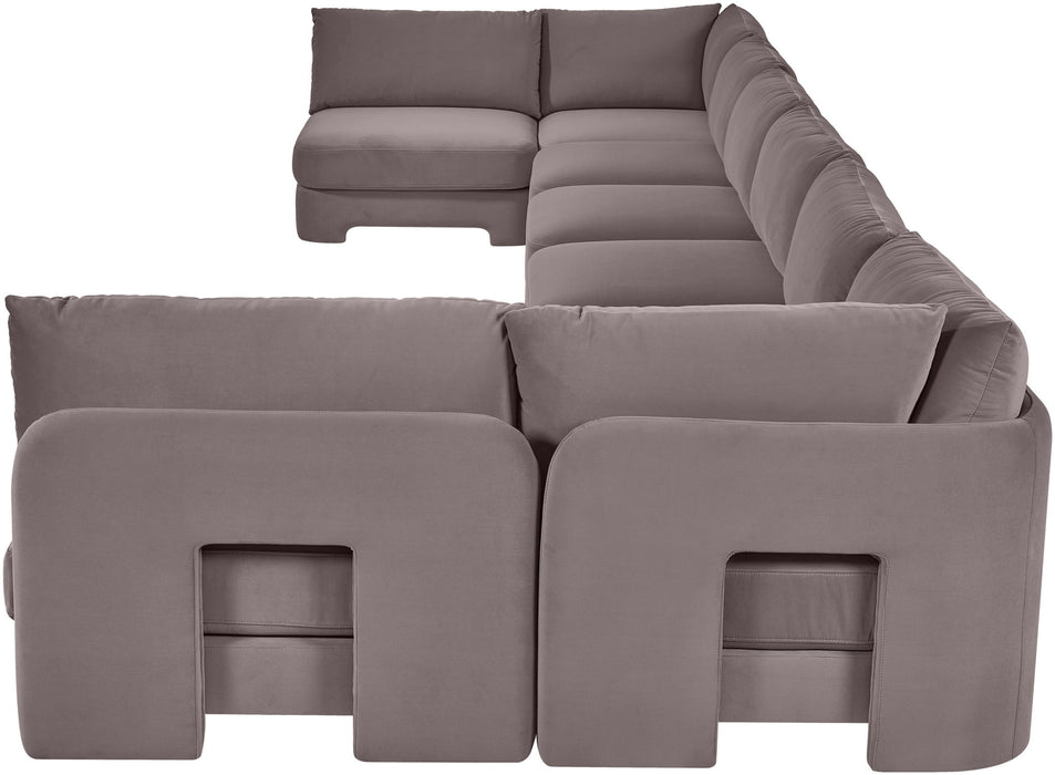 Beige Hammond velvet performance fabric U-shaped armless sectional sofa with eight pieces, by Meridian Furniture.