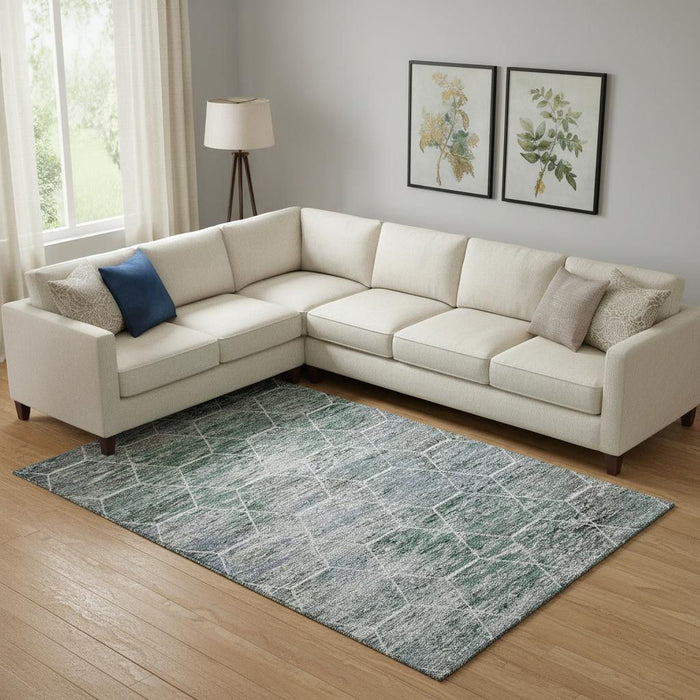 10' X 14' Geometric Washable Area Rug With UV Protection (699226) - Teal / Ivory / Gray