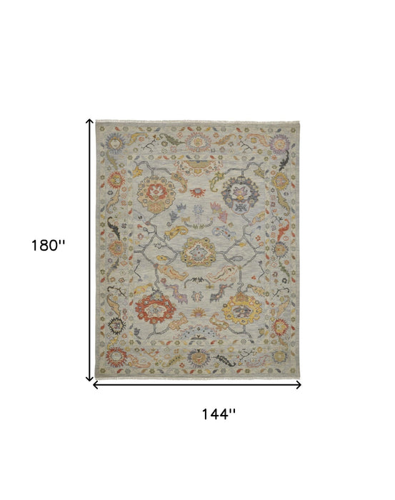 12' X 15' Wool Oriental Hand Knotted Area Rug With Fringe - Gray And Yellow