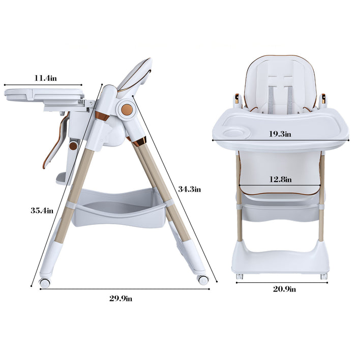 Giga adjustable baby high chair with safety belt, portable infant feeding seat, silent lockable wheels, suitable for ages 0-6 years.