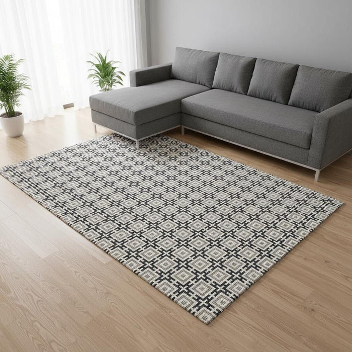 8' X 10' Geometric Washable Area Rug With UV Protection (645257) - Black / Ivory