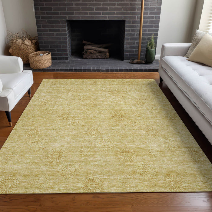 9' X 12' Floral Washable Area Rug With UV Protection - Gold And Ivory