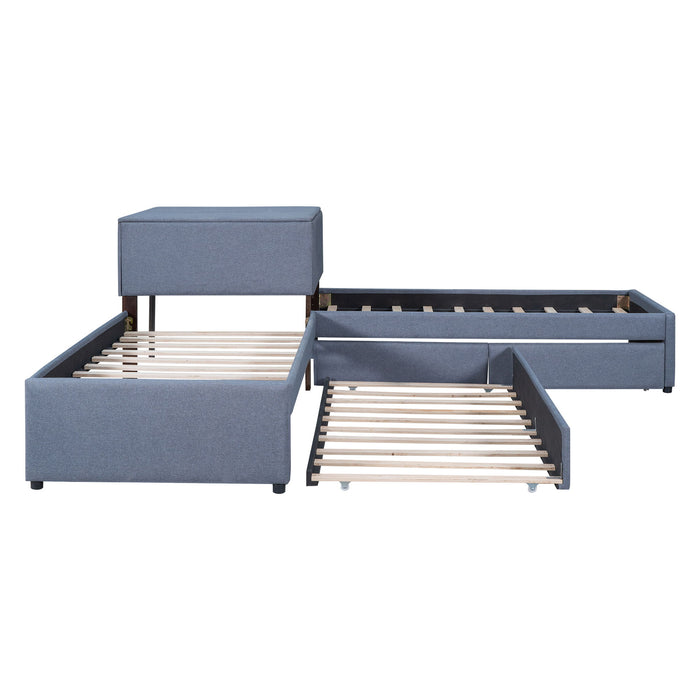 Giga L-shaped upholstered platform bed with trundle, two drawers, and built-in desk for versatile bedroom and workspace setup.
