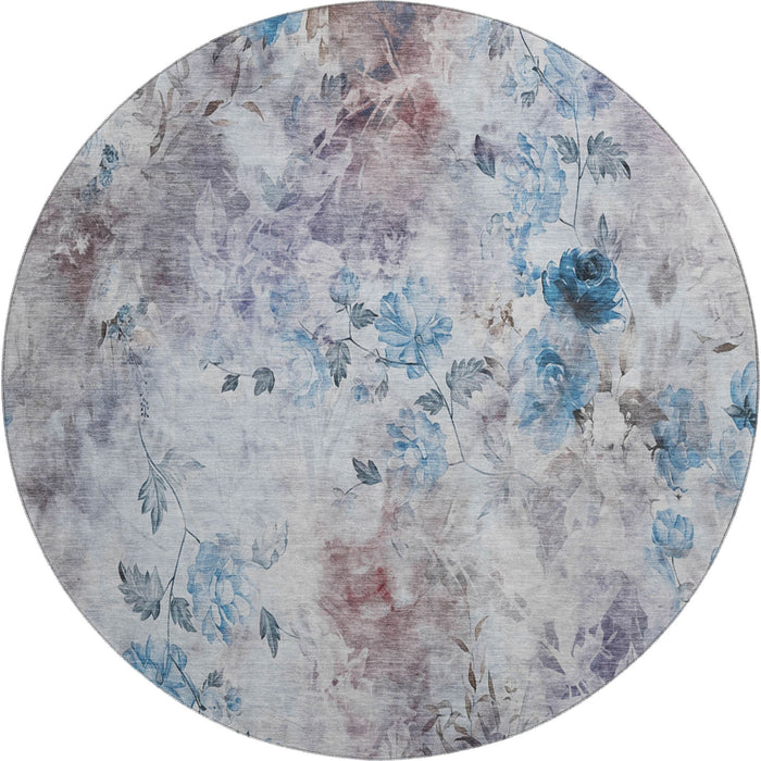 8' Floral Washable Round Rug With UV Protection (657698) - Blue / Blush / Ivory