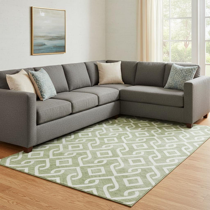9' X 12' Geometric Washable Area Rug With UV Protection (652502) - Green / Ivory