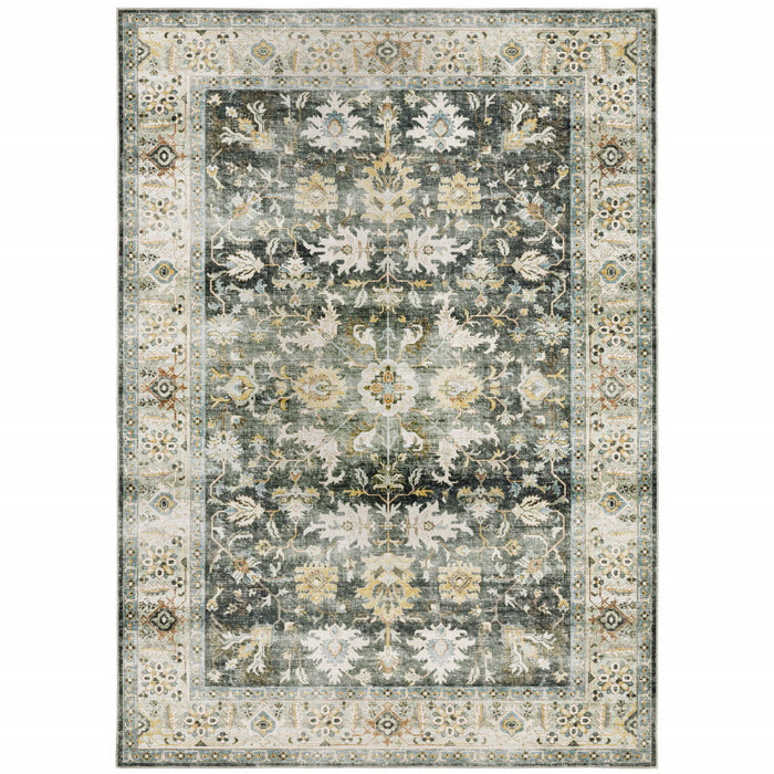 7' x 10' Oriental Printed Stain Resistant Non Skid Area Rug - Gray Charcoal Gold Brown Ivory Pale Sage And Light Blue