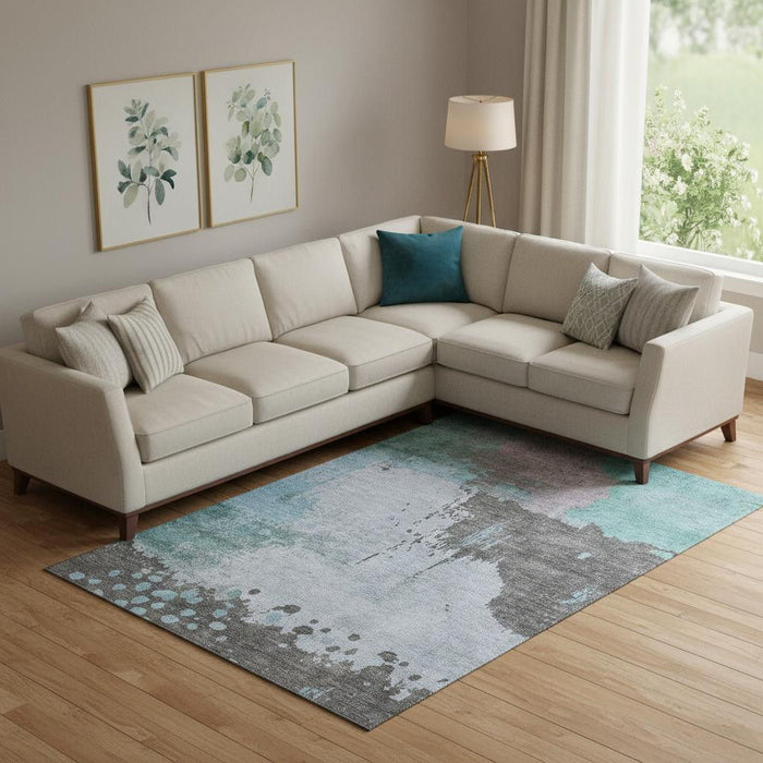 10' X 14' Abstract Washable Area Rug With UV Protection (710400) - Teal / Taupe