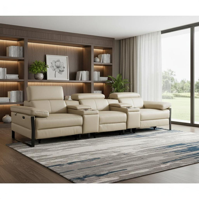 Top Grain Leather Reclining Metal USB Sofa (720343) - Beige
