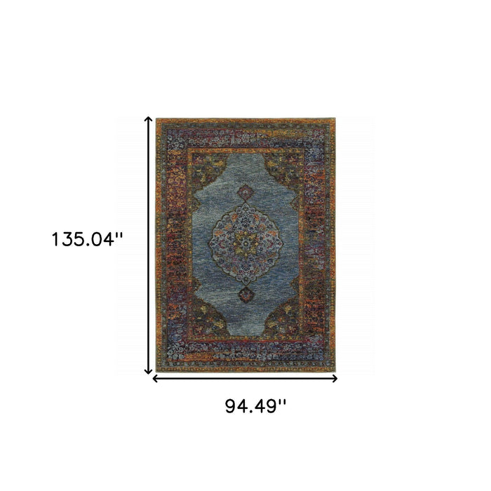 8' x 11' Oriental Power Loom Area Rug - Blue And Beige
