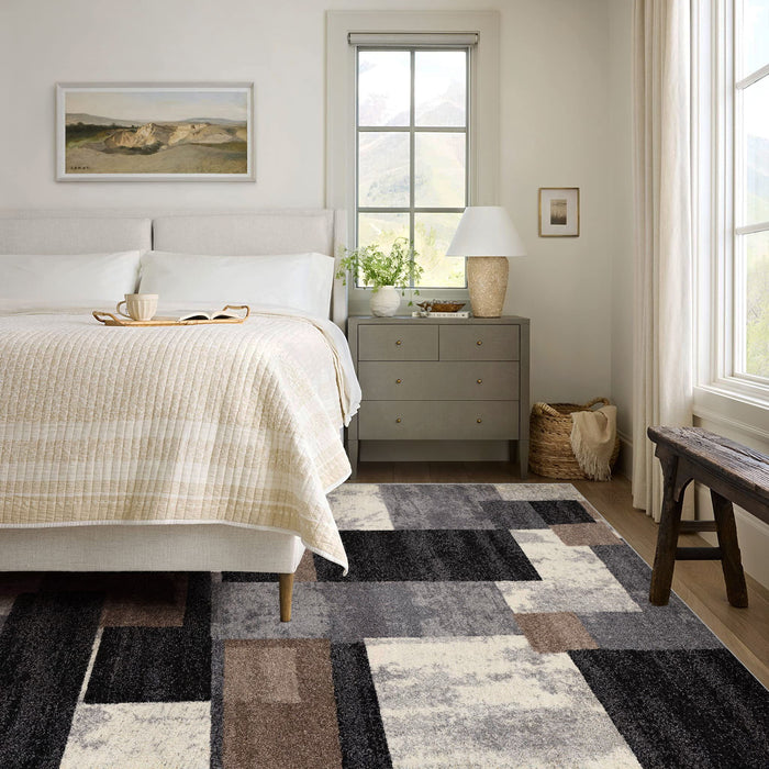 8' x 11' Geometric Shag Power Loom Area Rug - Gray Black And Brown