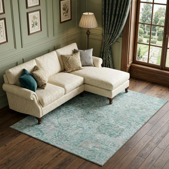 10' X 14' Damask Washable Area Rug With UV Protection (684352) - Teal / Gray / Ivory