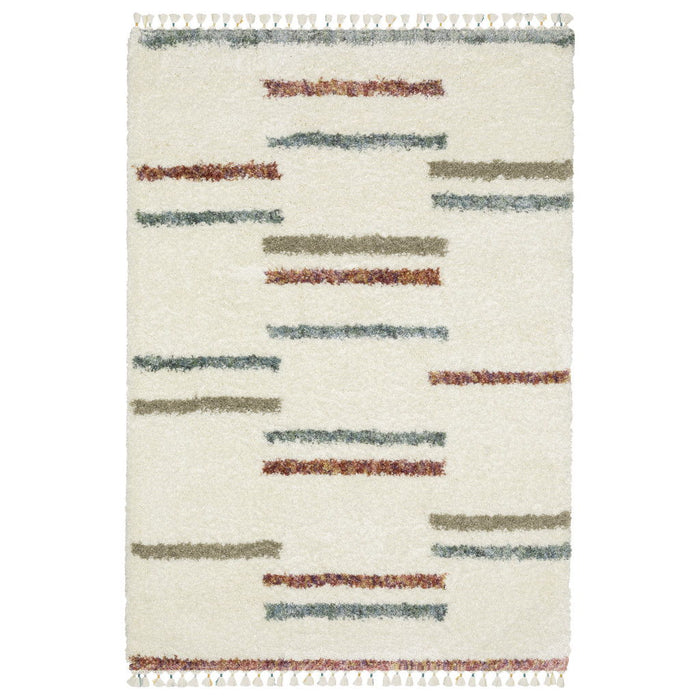 5' X 8' Striped Shag Area Rug With Fringe (574640) - Ivory / Brown / Gray