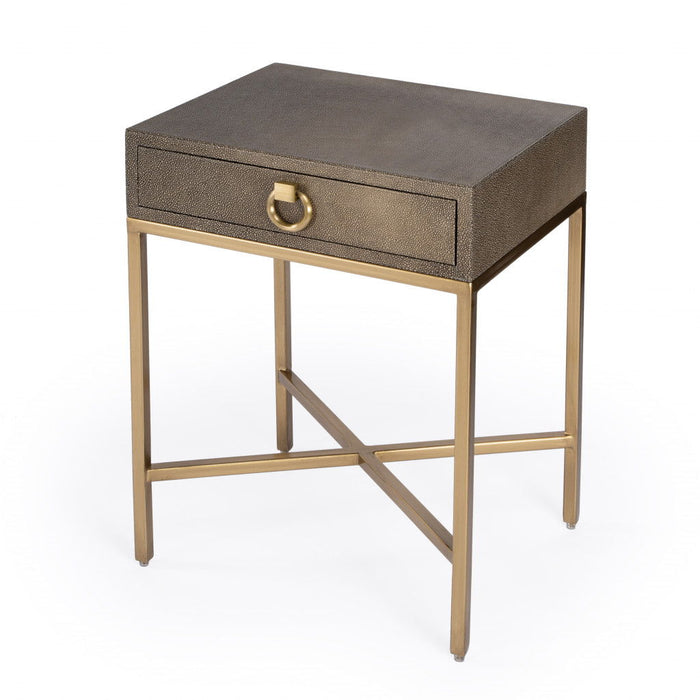 Shagreen Faux Leather End Table With Drawer - Gold