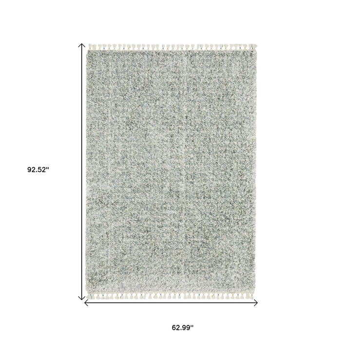 5' X 8' Abstract Shag Area Rug With Fringe - Light Blue And Ivory