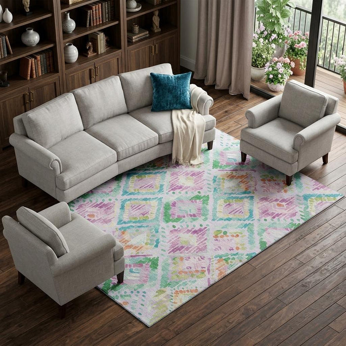 10' X 14' Geometric Washable Area Rug With UV Protection (693030) - Lavender / Teal / Orange