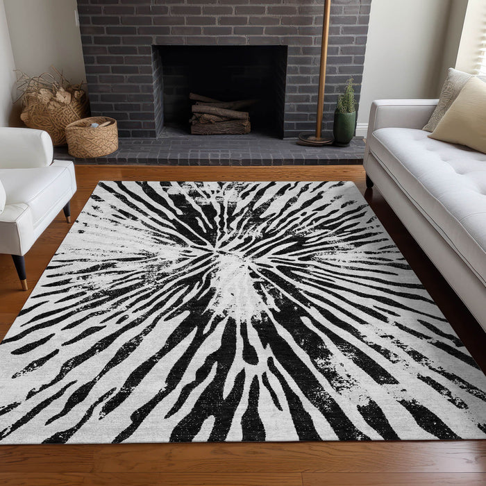 10' X 14' Zebra Print Washable Area Rug With UV Protection - Ivory And Black
