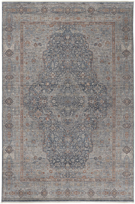 12' x 15' Oriental Power Loom Worn Faded Area Rug With Fringe - Gray Blue And Red
