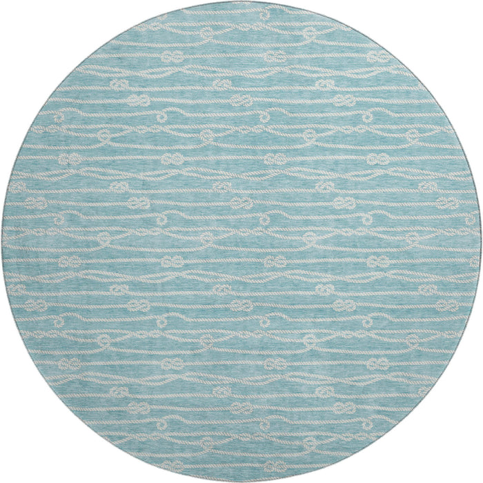 8' Nautical Washable Round Rug With UV Protection - Teal Blue And Ivory