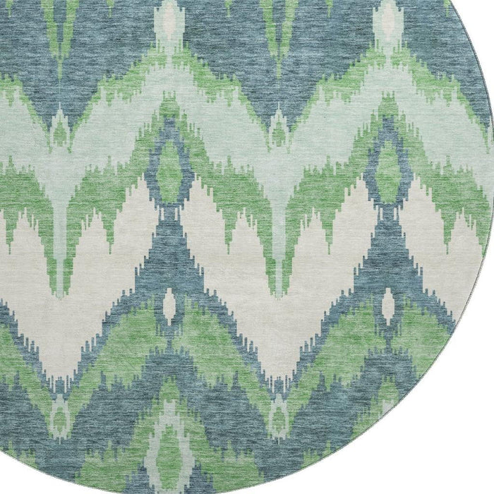 8' Ikat Washable Round Rug With UV Protection - Green And Ivory