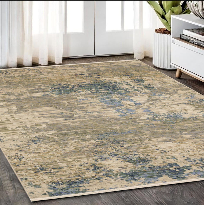 5' X 8' Abstract Area Rug With Fringe - Beige And Blue